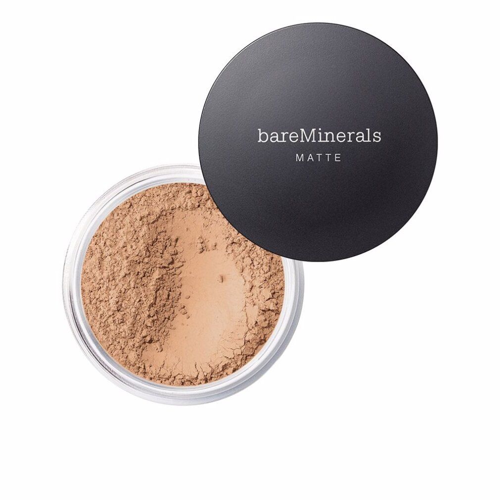 Offene Dose BareMinerals Matte Foundation. Schwarzer Deckel mit weißem Schriftzug. Dunkleres Puder in klarer Dose.