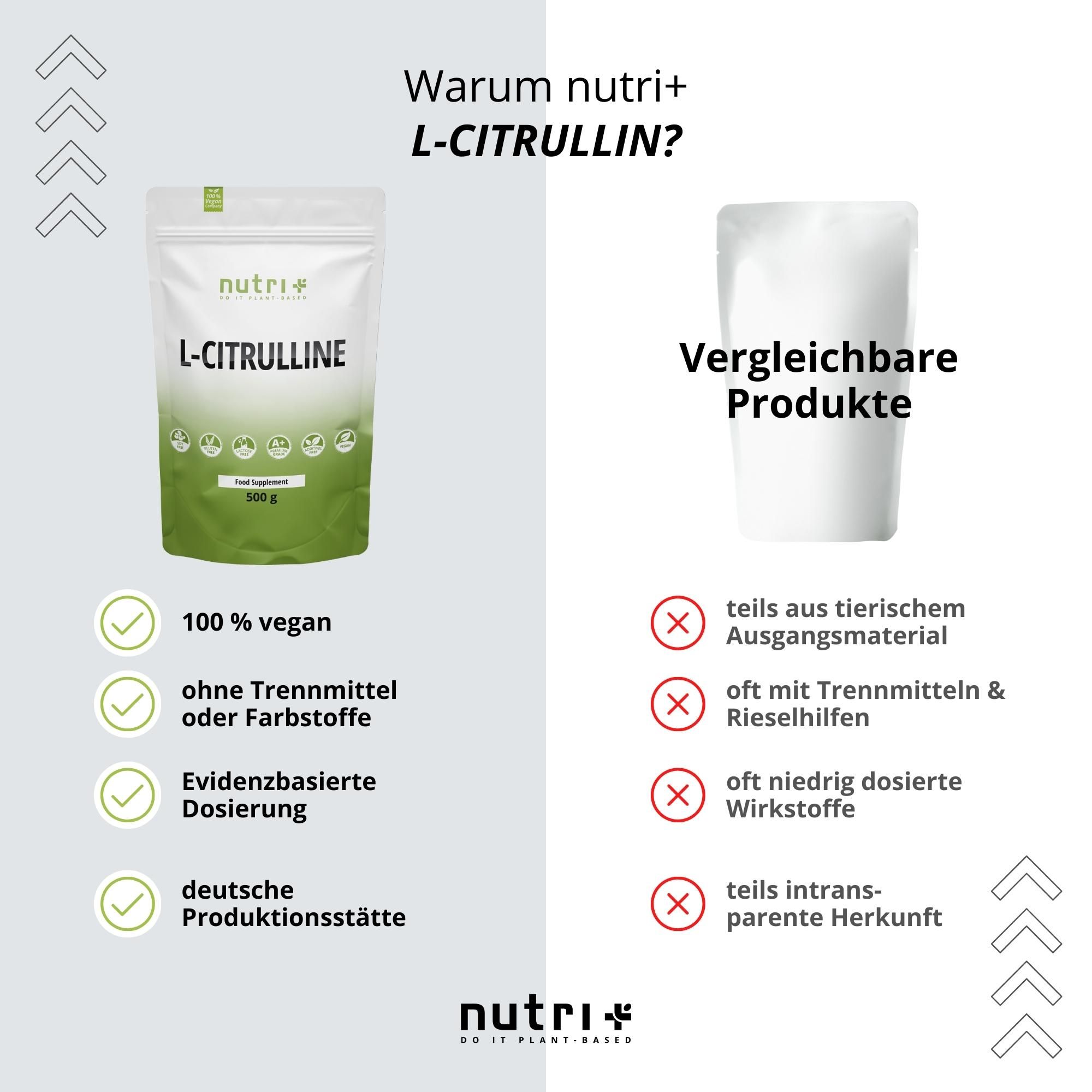 Vergleich: nutri+ L-Citrullin vs. vergleichbare Produkte. Vorteile: vegan, ohne Zusatzstoffe, dosiert, deutsche Produktion.