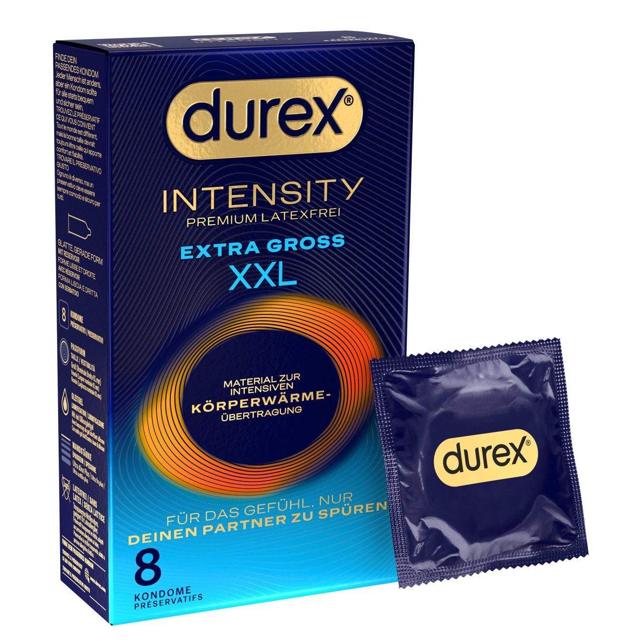 Durex Intensity XXL Kondompackung, 8 Stück, latexfrei, extra groß.