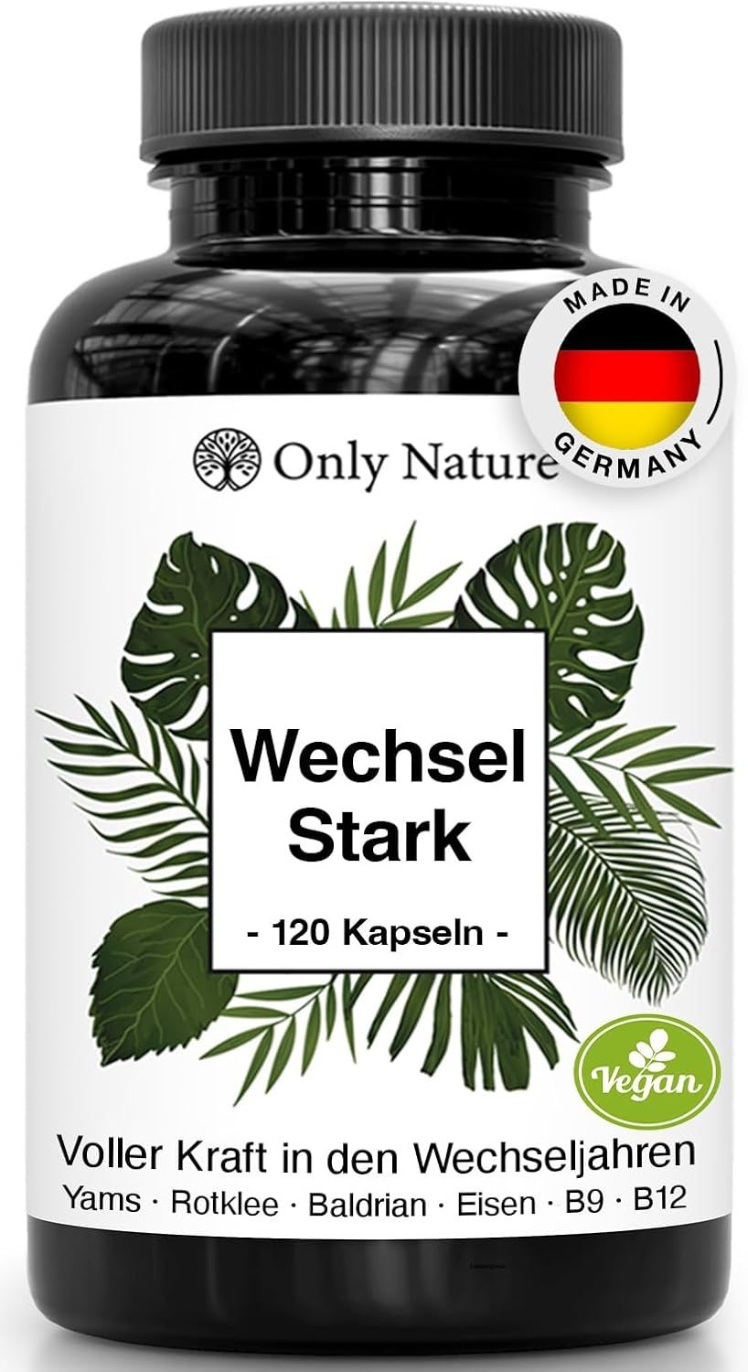 Braune Kapsel-Dose mit Aufschrift 'Wechsel Stark' und '120 Kapseln'. Vegan-Siegel. 'Made in Germany'.