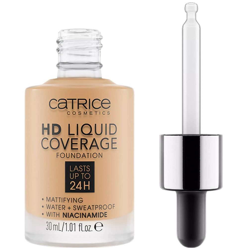 Flüssige Foundation mit Pipette. Aufschrift: Catrice, HD Liquid Coverage Foundation, mattierend, wasserfest, schweißfest, mit Niacinamid.
