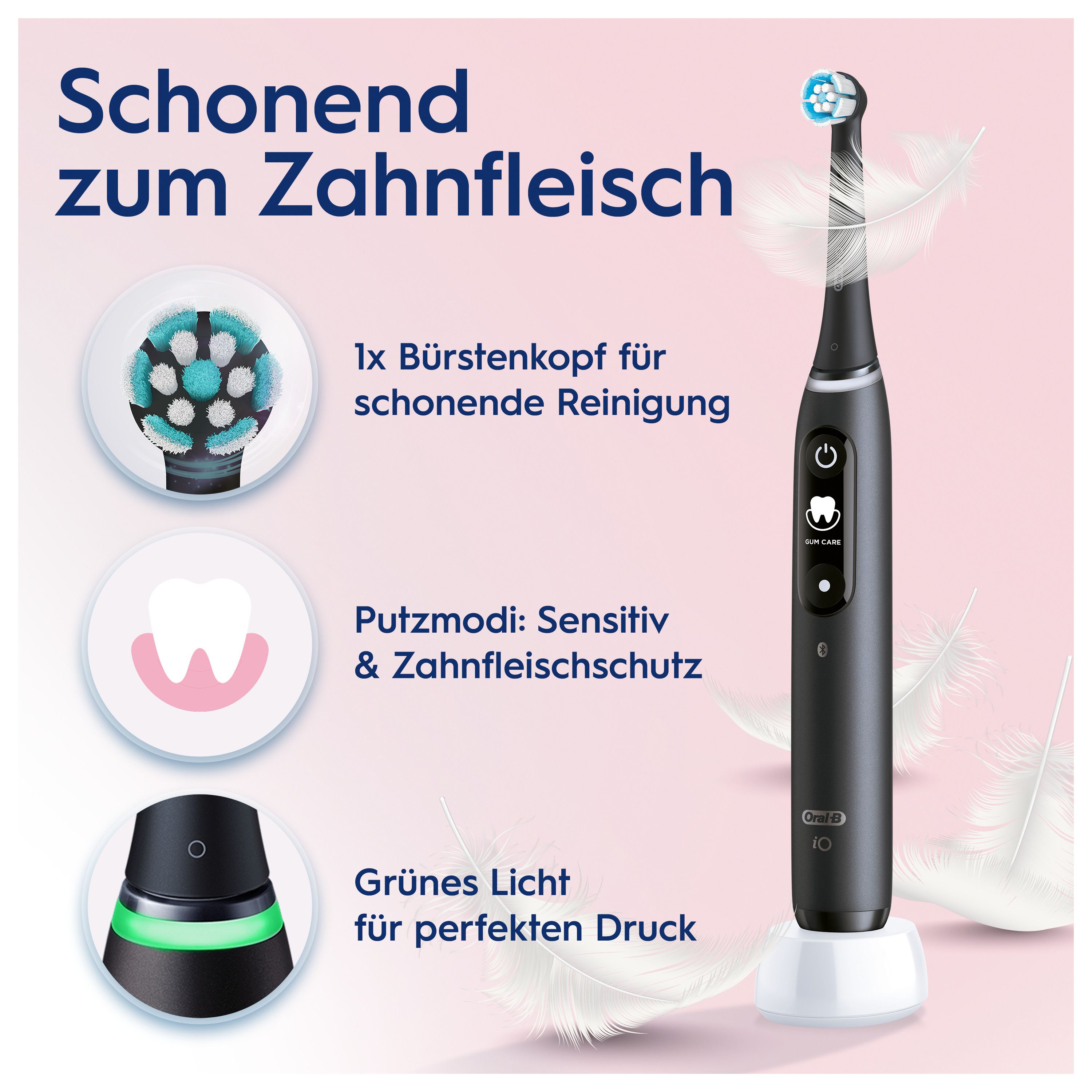 Schwarze elektrische Zahnbürste mit Bürstenkopf und Ladestation. Zusätzliche Elemente: Bürstenkopf, Putzmodi.