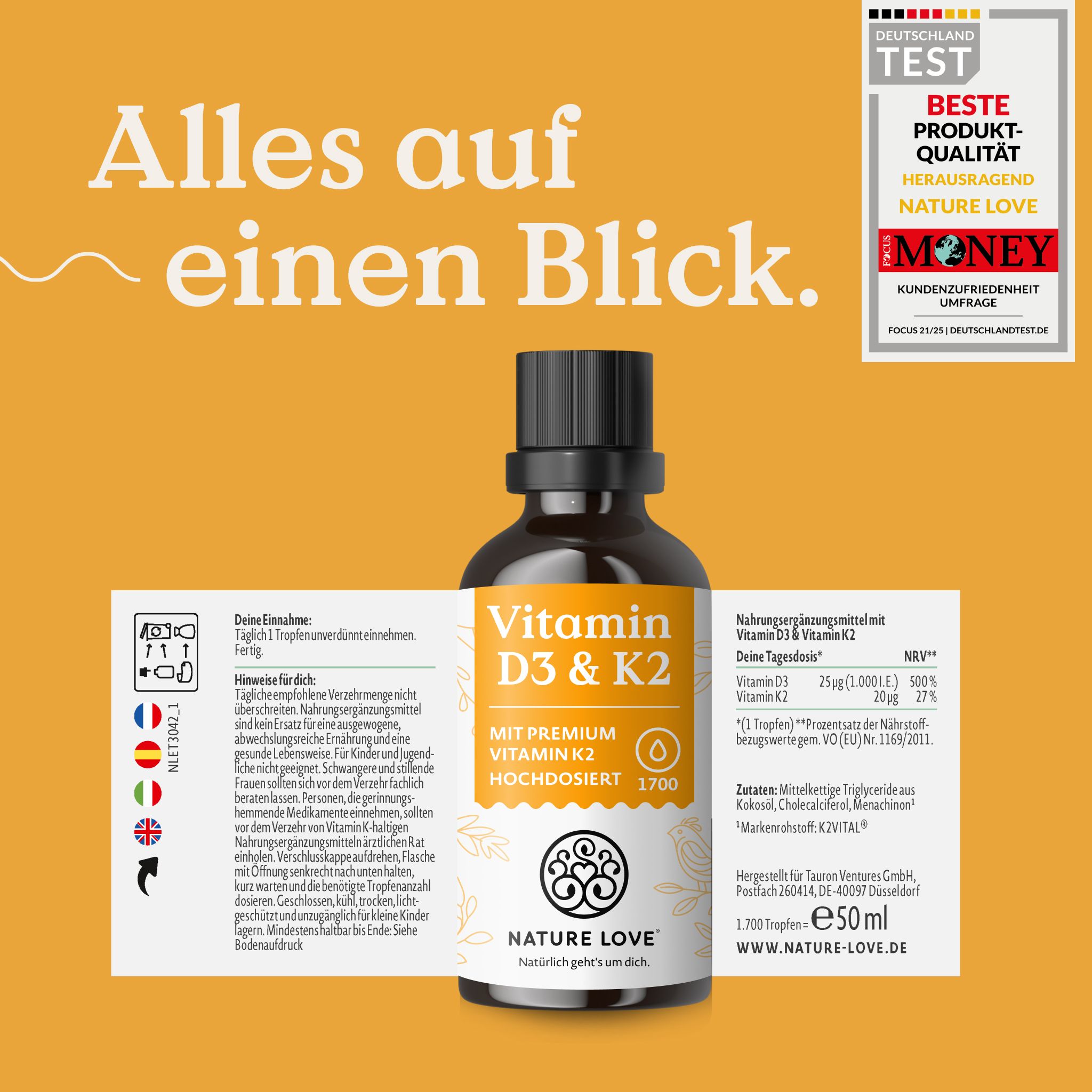 NATURE LOVE® Vitamin D3/K2 (50ml) - K2VITAL® 99,7% all-trans - 1000I.E. Vit D & 20µg Vit K2/Tropfen