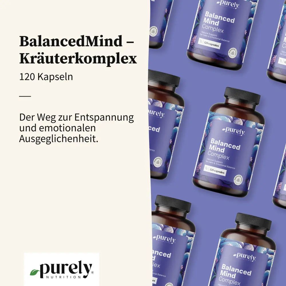 Mehrere Flaschen BalancedMind auf lila Hintergrund. Text: BalancedMind - Kräuterkomplex. 120 Kapseln.