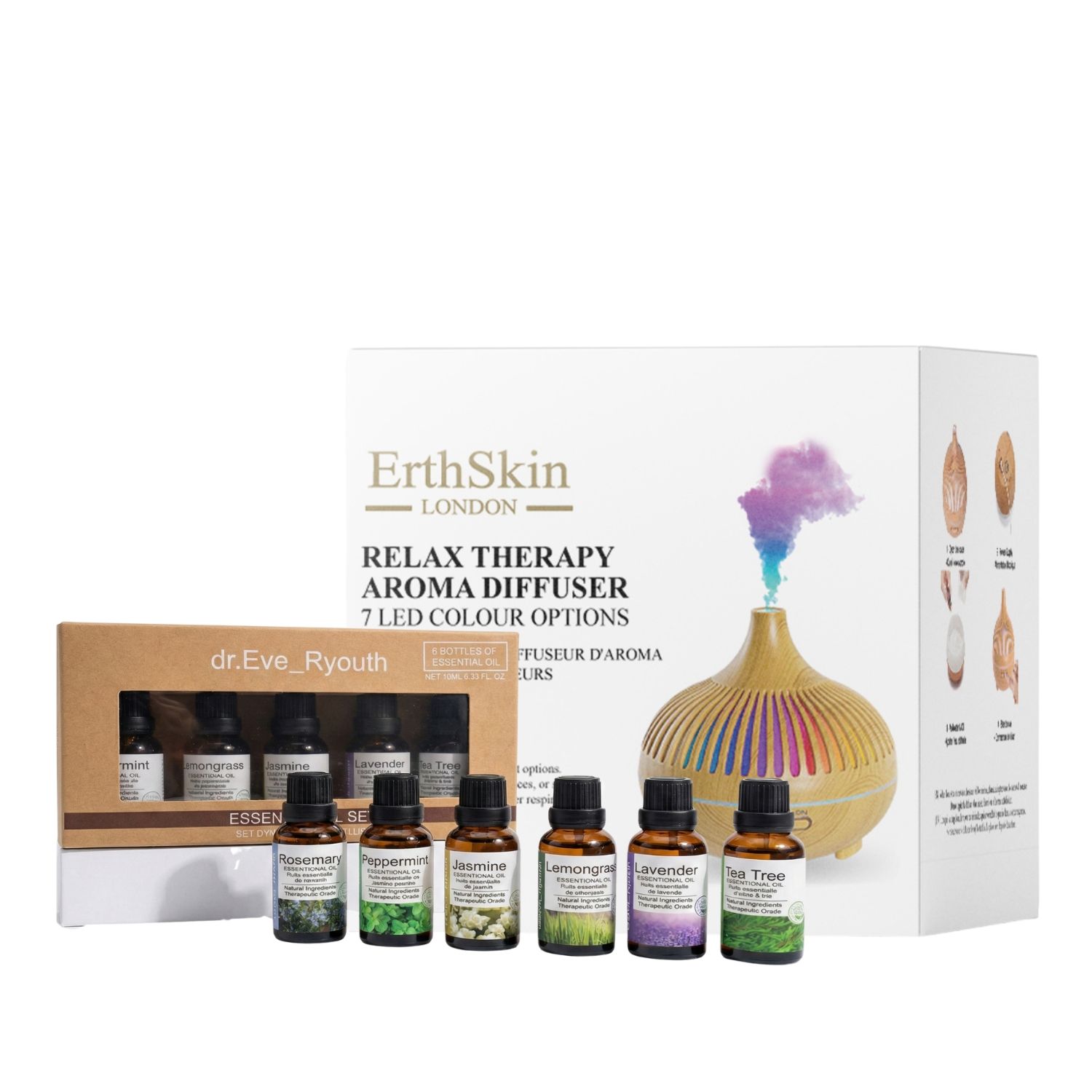 Aromatherapie-Diffusor-Set mit Flaschen und Box. Diffusor aus Holz, farbiges Licht. Flaschen mit Etiketten.