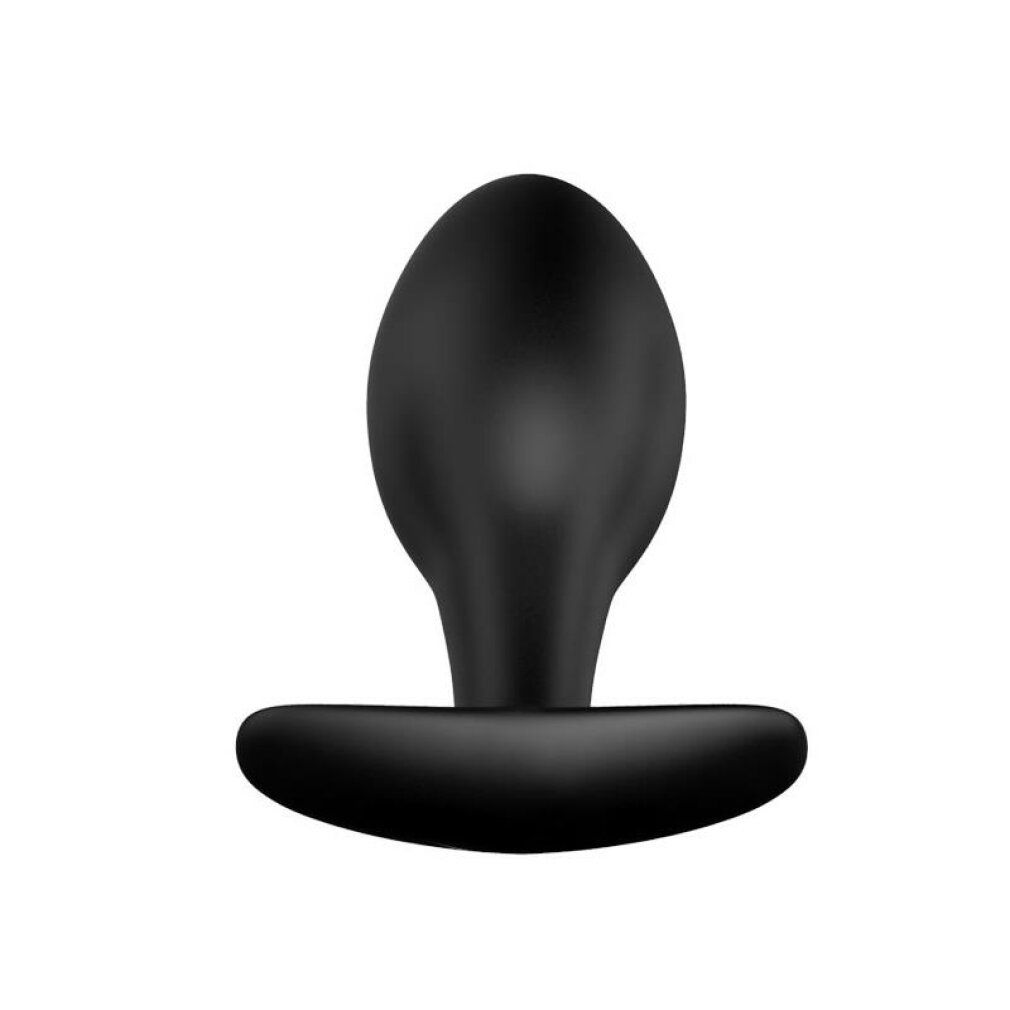 Schwarzer Anus-Plug mit tropfenförmigem Kopf und T-förmigem Griff. Aus glattem Material.