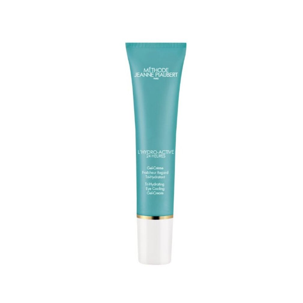 Türkisfarbene Tube mit weißem Verschluss, Jeanne Piaubert L'Hydro-Active 24h Tri-Hydrating Eye Cooling Gel-Cream.