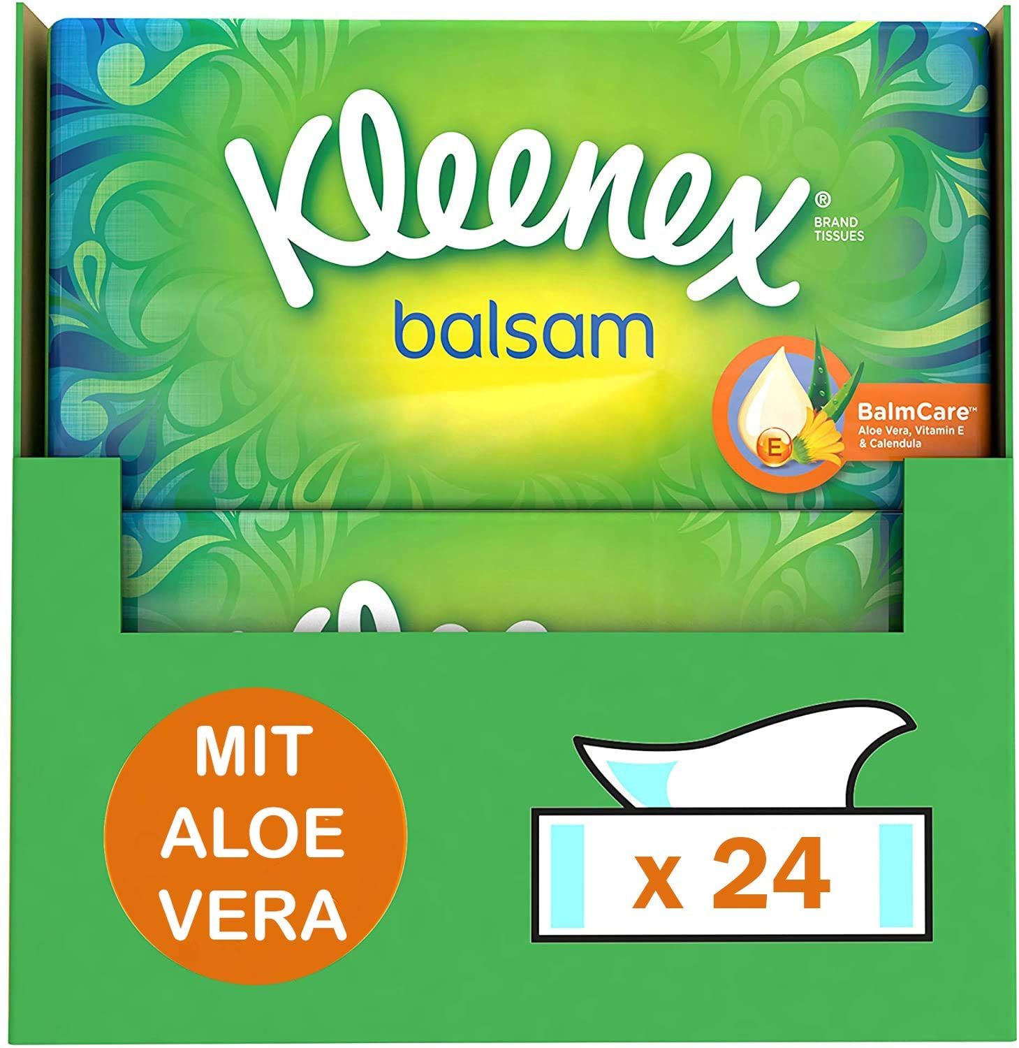 Kleenex Balsam Taschentücher-Box mit Aloe Vera. Grün-weißes Design, x24. Produkt- und Markenlogos deutlich sichtbar.