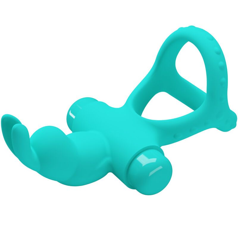 Türkisfarbener Ringvibrator mit Hasenohren-Design. Ansicht von der Seite.