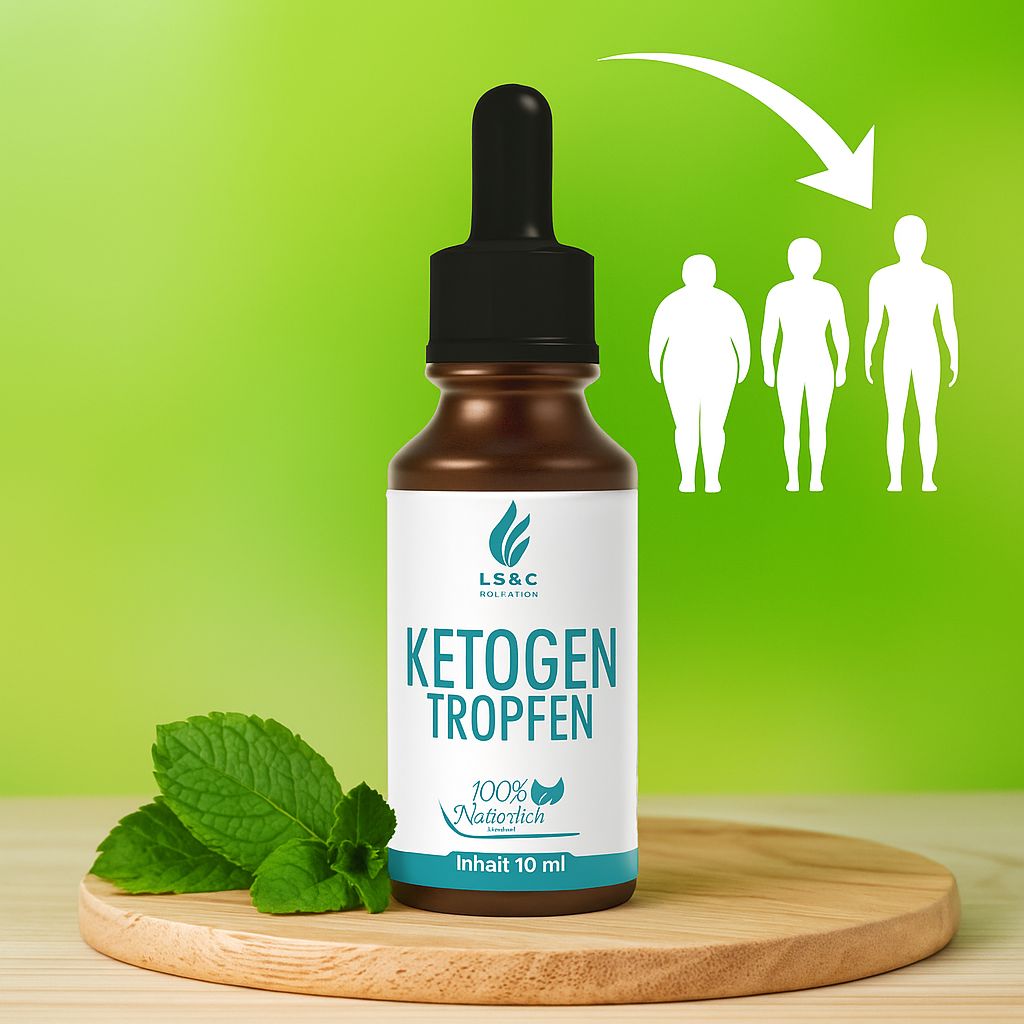 Braune Flasche mit Tropfer, Pfefferminzblätter und Gewichtsverlust-Grafik. Etikett mit Logo und Produktname.