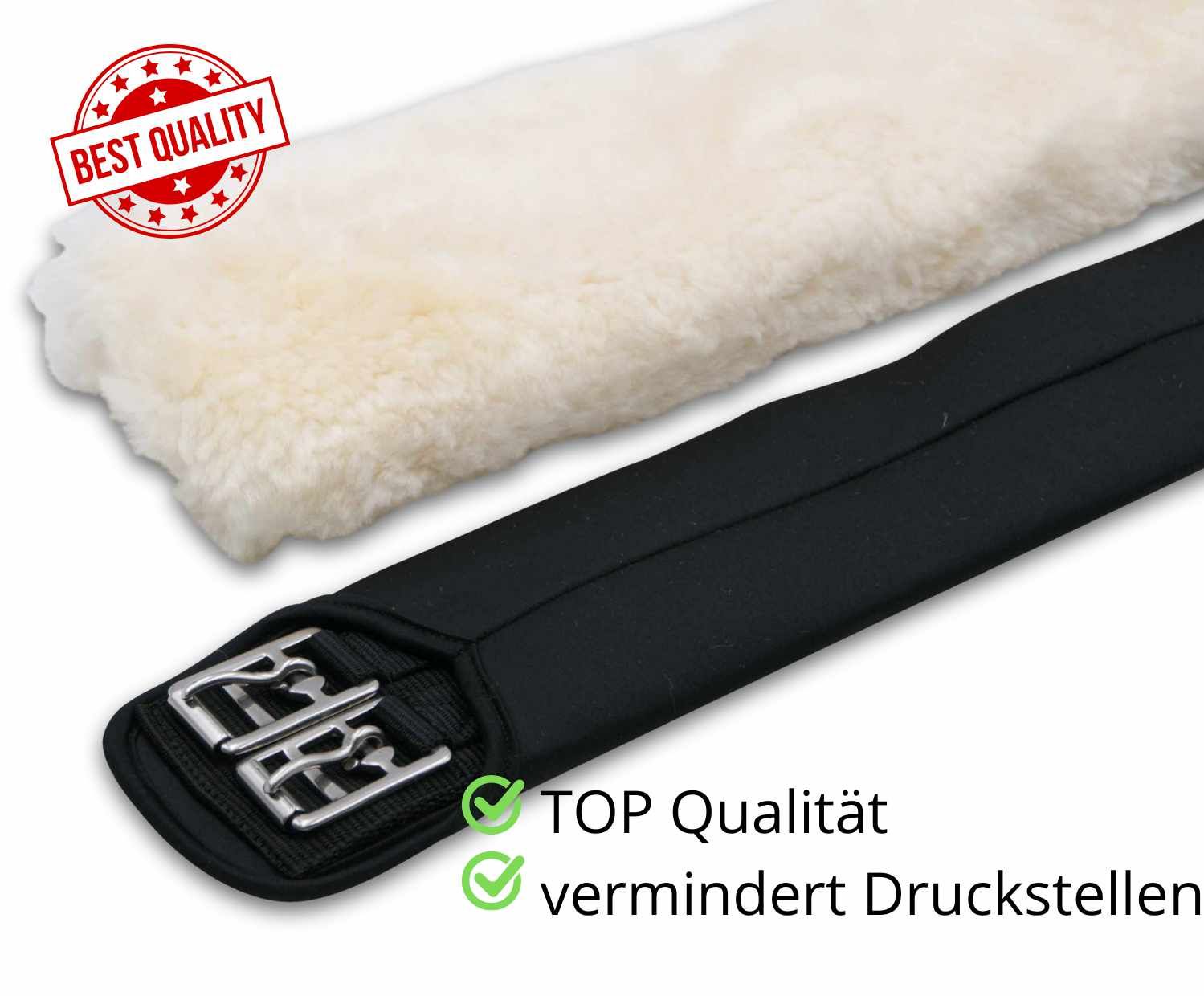Schwarzer Sattelgurt mit silbernen Schnallen und cremefarbenem Lammfell-Schoner. Text: TOP Qualität, vermindert Druckstellen.