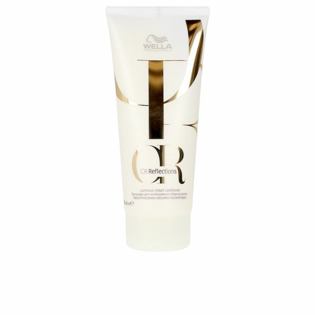 Weiße Tube mit goldfarbenem Schriftzug. "Wella" und "Oil Reflections" sind sichtbar. Produktname: Luminous Instant Conditioner.