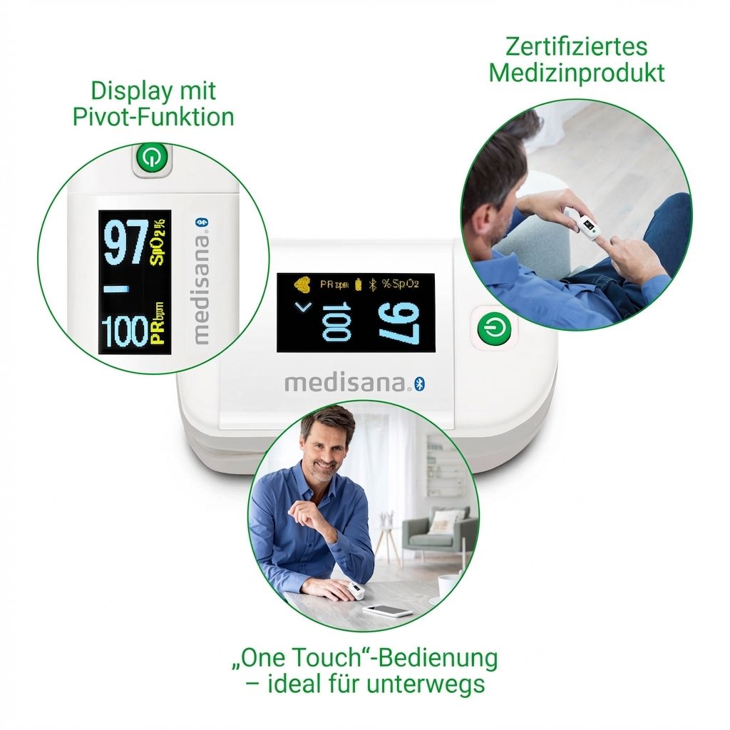 Pulsoximeter mit Display-Pivot-Funktion, zertifiziertes Medizinprodukt, One Touch Bedienung.