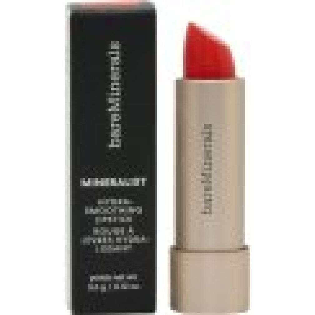Roter Lippenstift neben schwarzer Verpackung. Text: MINERALIST, hydra-glättender Lippenstift. Marke: bareMinerals.