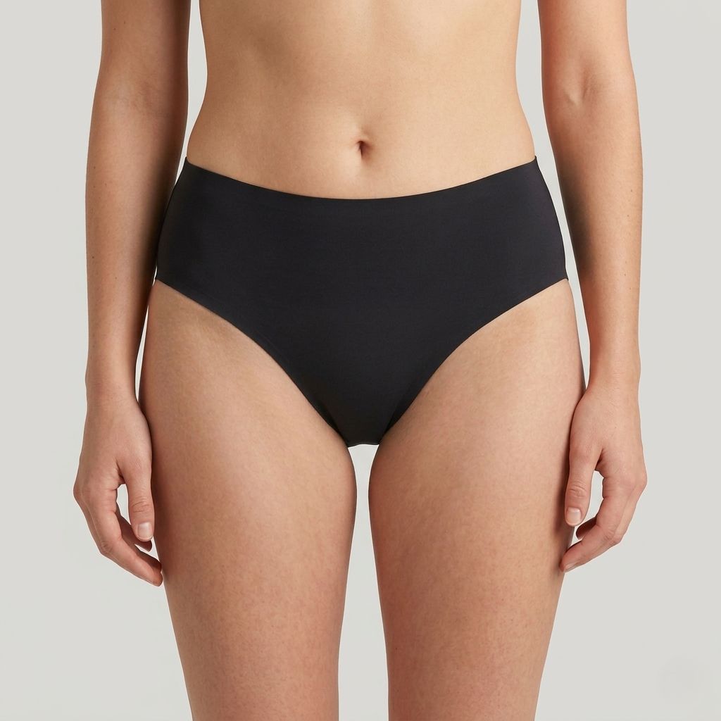 Schwarze Periodenunterhose, Vorderansicht. Hoher Bund, glatter Stoff. Angedeutete Beinabschlüsse.