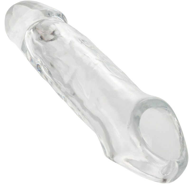 Transparente Penisverlängerung, Detailansicht, mit abgerundeter Spitze und Öffnung.