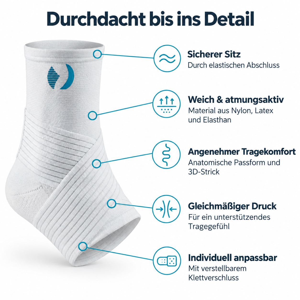 Weißer Knöchelverband aus Nylon, Latex und Elasthan mit anatomischer Passform, 3D-Strick und verstellbarem Klettverschluss.
