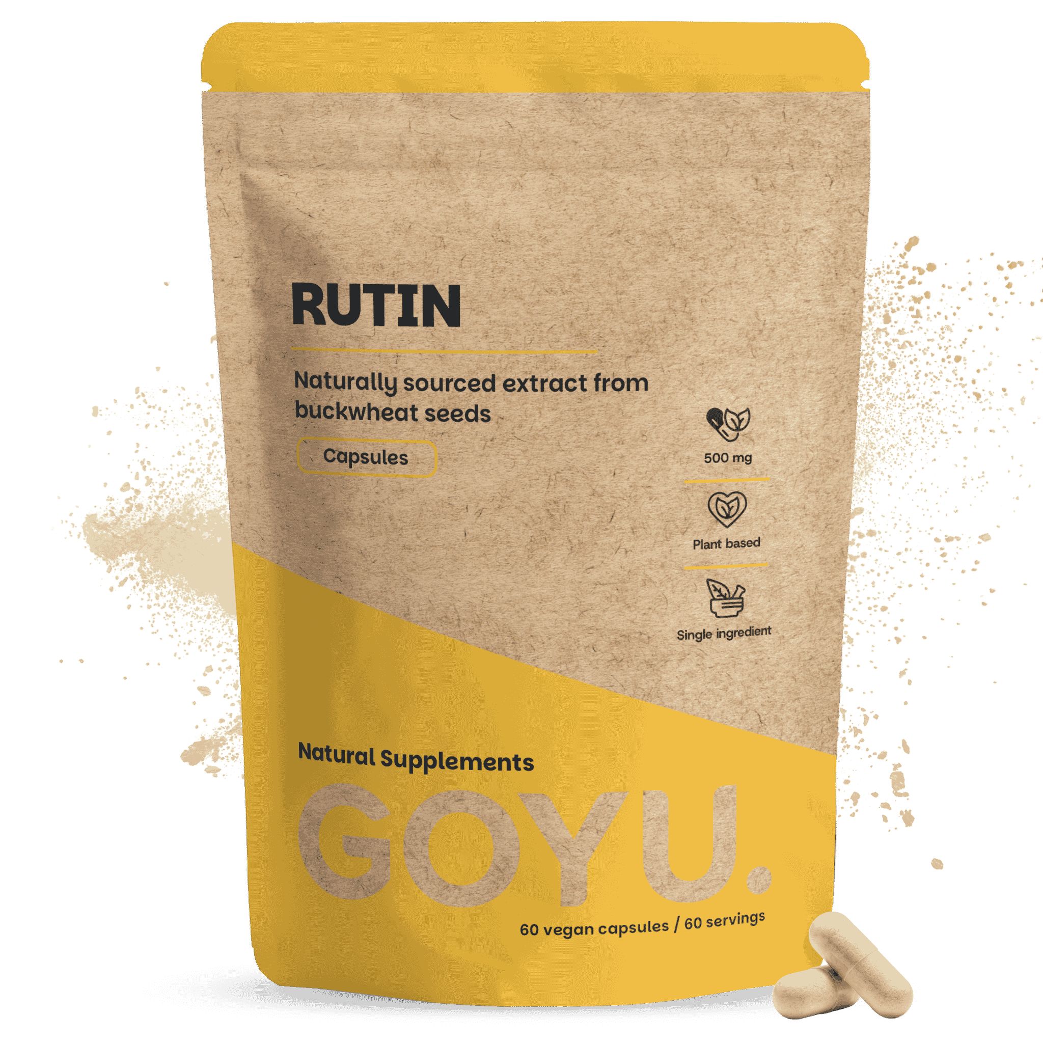 Braune Papiertüte mit Rutin-Kapseln, 500 mg, 60 Stück.