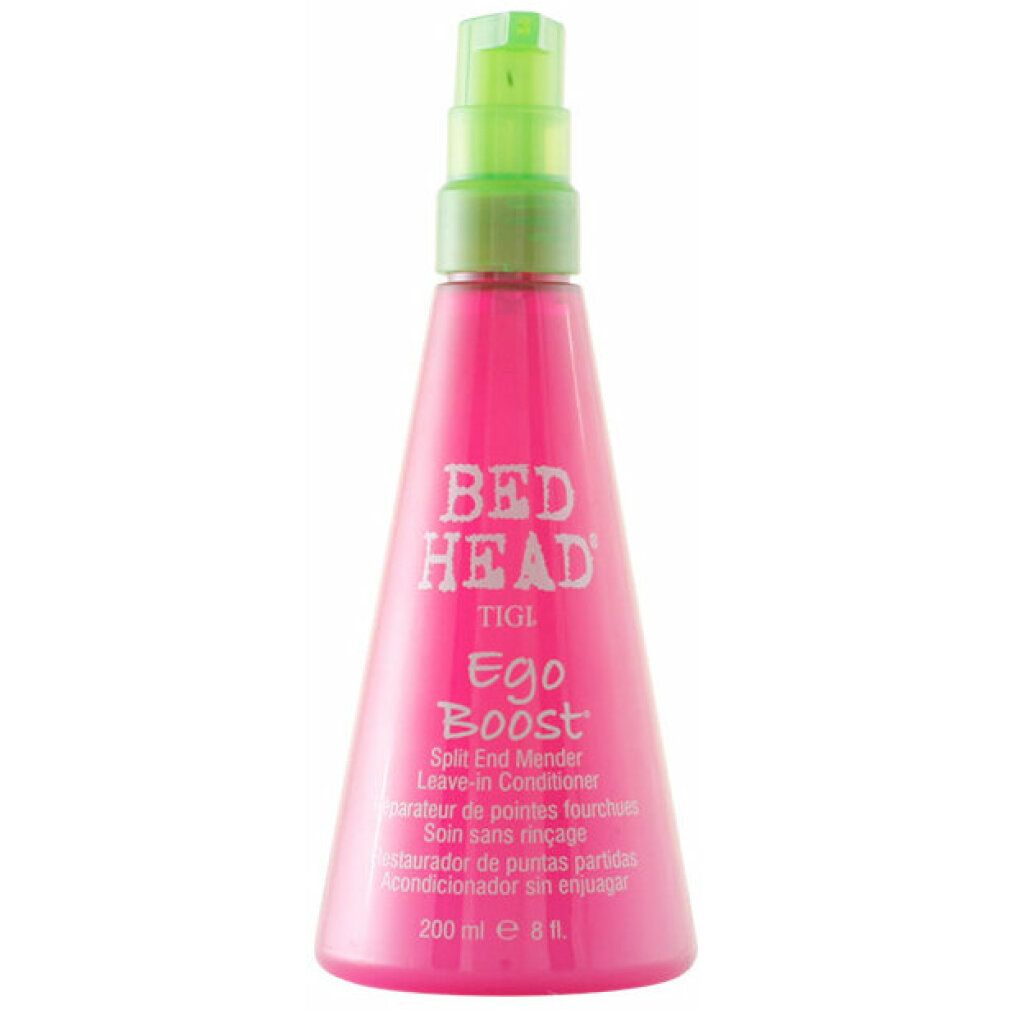 Rosa Flasche mit grünem Pumpkopf. Aufschrift: BED HEAD, TIGI, Ego Boost. Text in mehreren Sprachen. Volumen: 200 ml, 8 fl. oz.