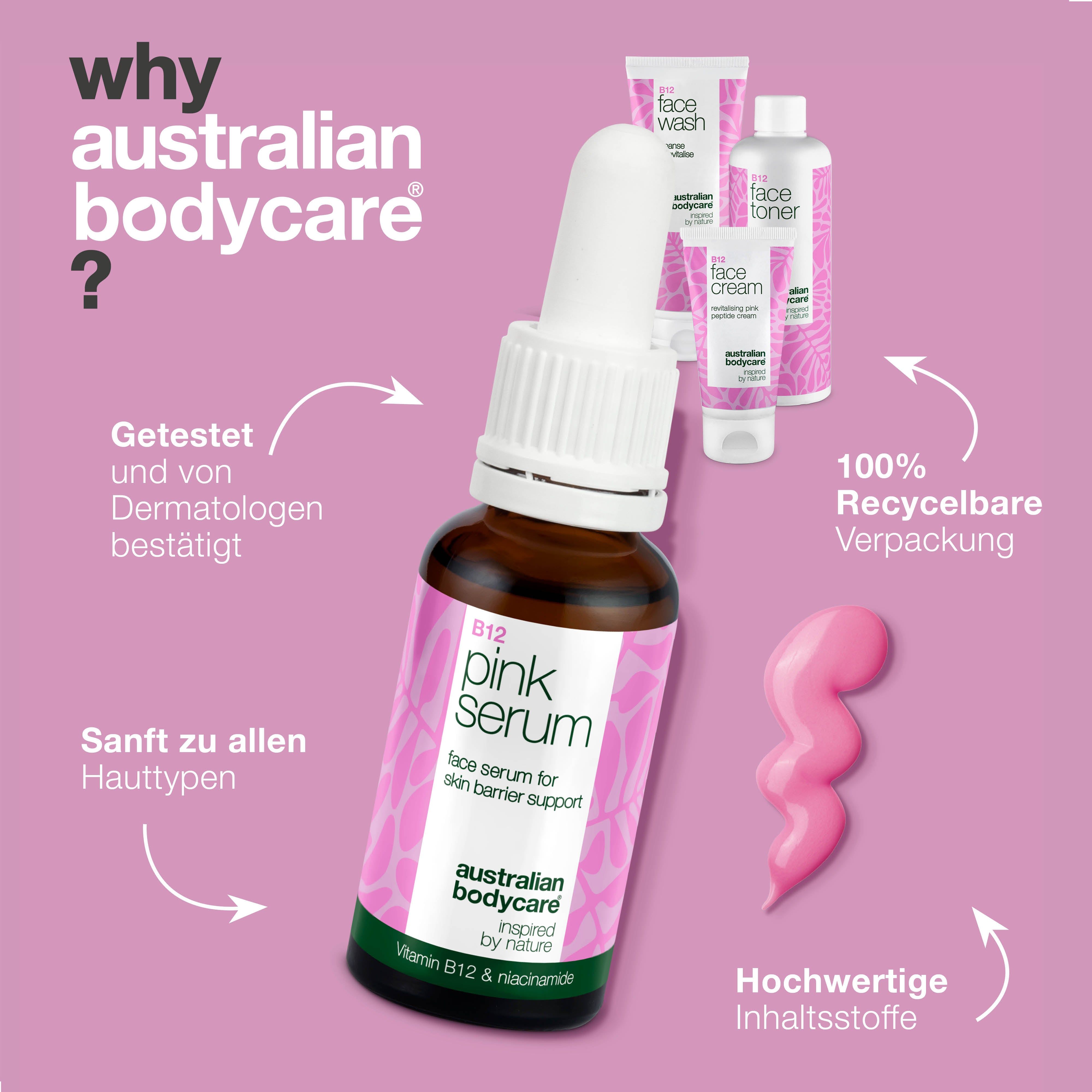 Serumflasche, Waschgel, Toner und Creme. Text: Warum Australian Bodycare? Rosa Hintergrund.