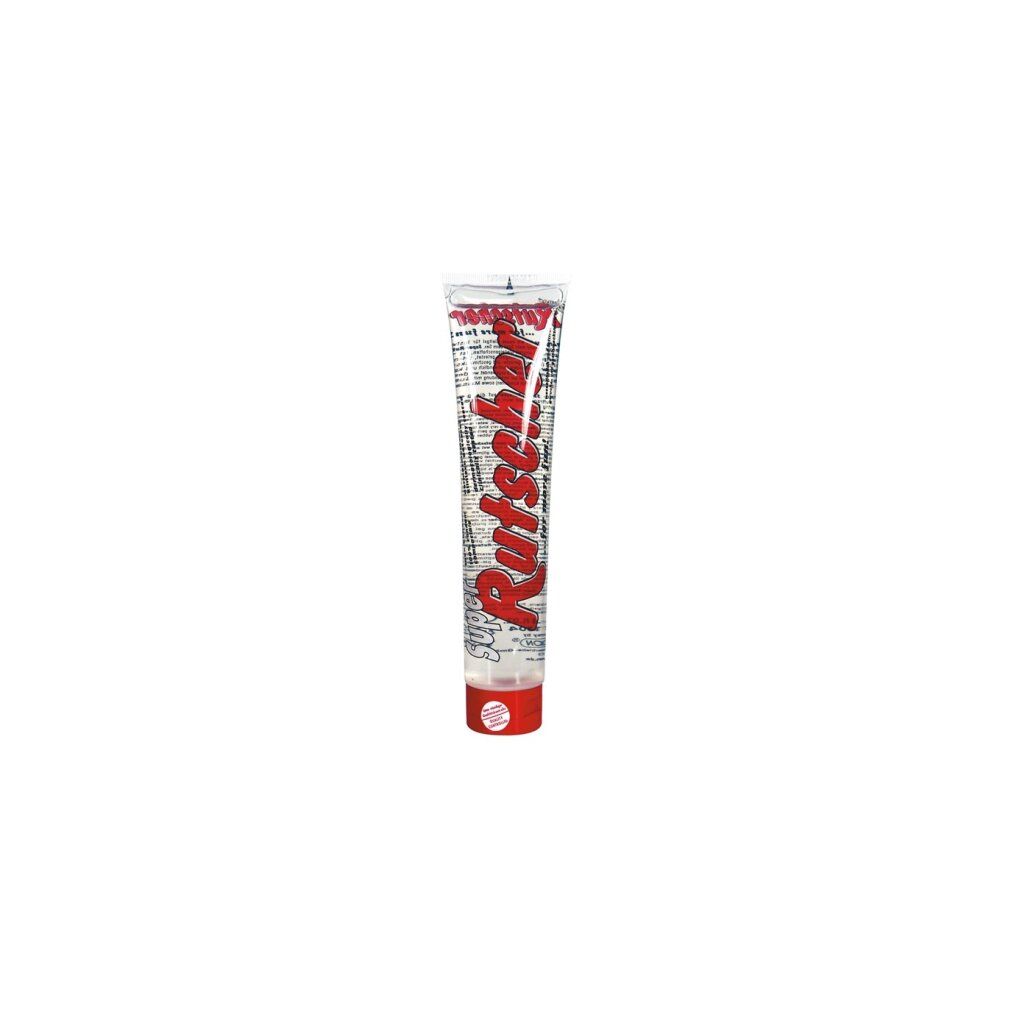 Tube mit roter Schrift „Rutscher“. Transparente Flüssigkeit sichtbar. Roter Verschluss.