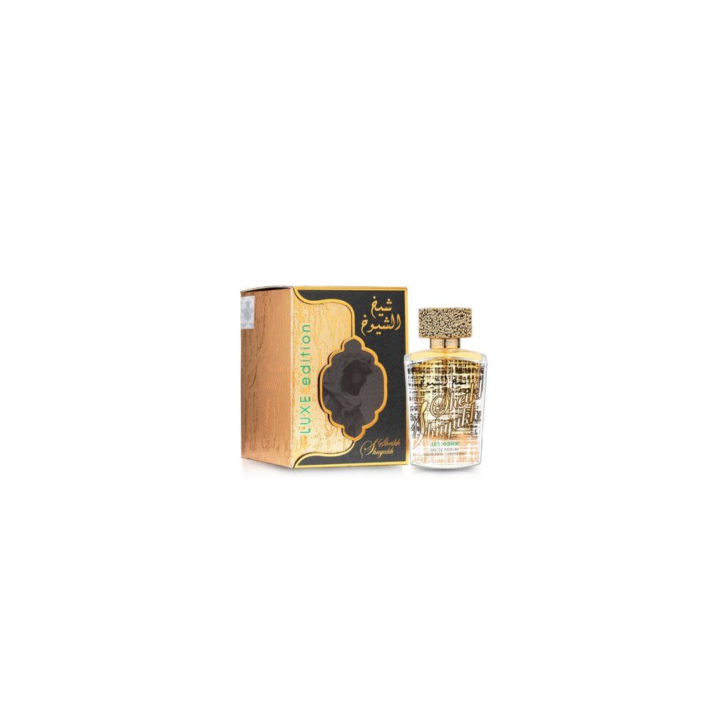 Parfümflasche und Verpackung. Goldfarbene Verpackung mit arabischer Schrift und Produktname. Flasche mit goldenem Verschluss.