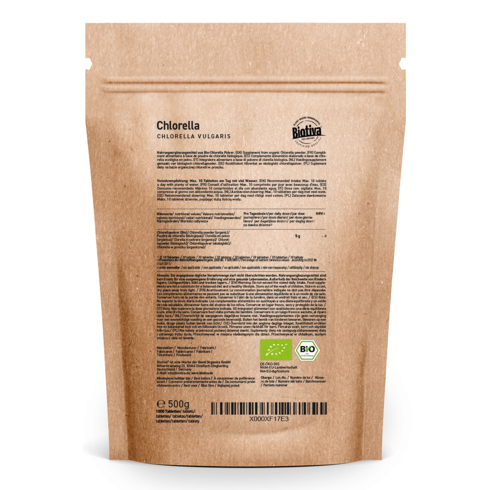 Braune Papierverpackung mit Biotiva Chlorella Tabletten Bio. Rückseite mit Text und Bio-Siegel. 500g.