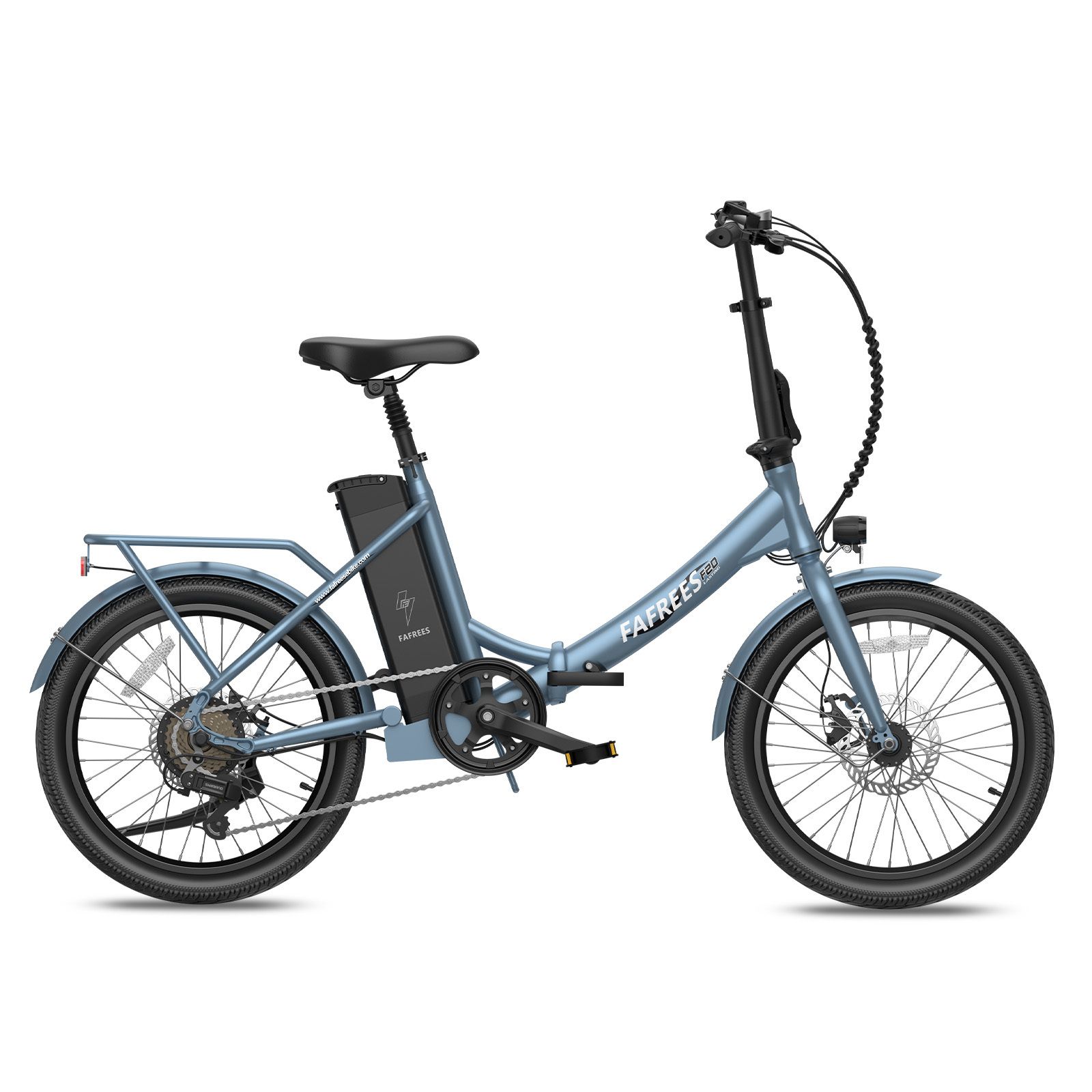 Blaues Fafrees F20 E-Bike. Klapprahmen, Gepäckträger, Scheibenbremsen. Akku am Rahmen. Schwarze Reifen und Sattel.