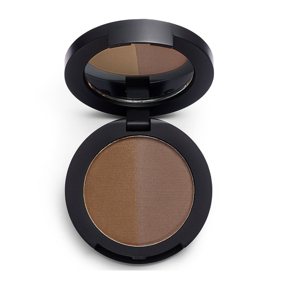 Offene, runde Augenbrauenpuder-Palette. Zwei Farbtöne, Spiegel im Deckel. Schwarzes Gehäuse, weißer Hintergrund.