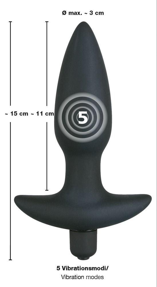 Schwarzer Analplug mit Rückholgriff. Maße: 15-11 cm lang, max. 3 cm Ø. 5 Vibrationsmodi.