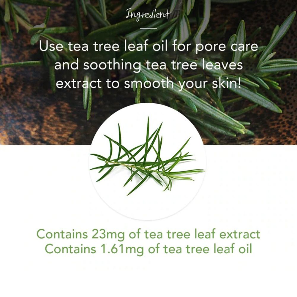 Infografik mit Text über die Inhaltsstoffe der NATURE REPUBLIC Real Nature Tea Tree Sheet Mask. Enthält Teebaum-Extrakt und -Öl.