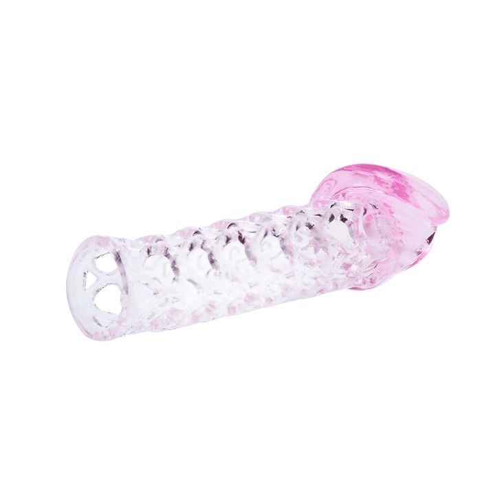 Penis-Extender-Cover. Transparentes Material mit rosa Spitze. Geriffelte Oberfläche.