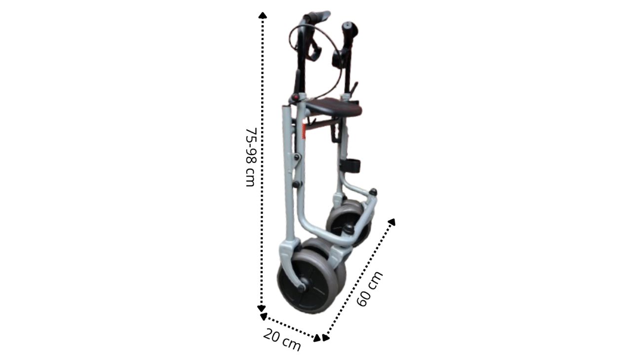 Zusammengeklappter Rollator. Graues Metallgestell, schwarze Räder. Maße: 75-98 cm hoch, 60 cm breit, 20 cm tief.