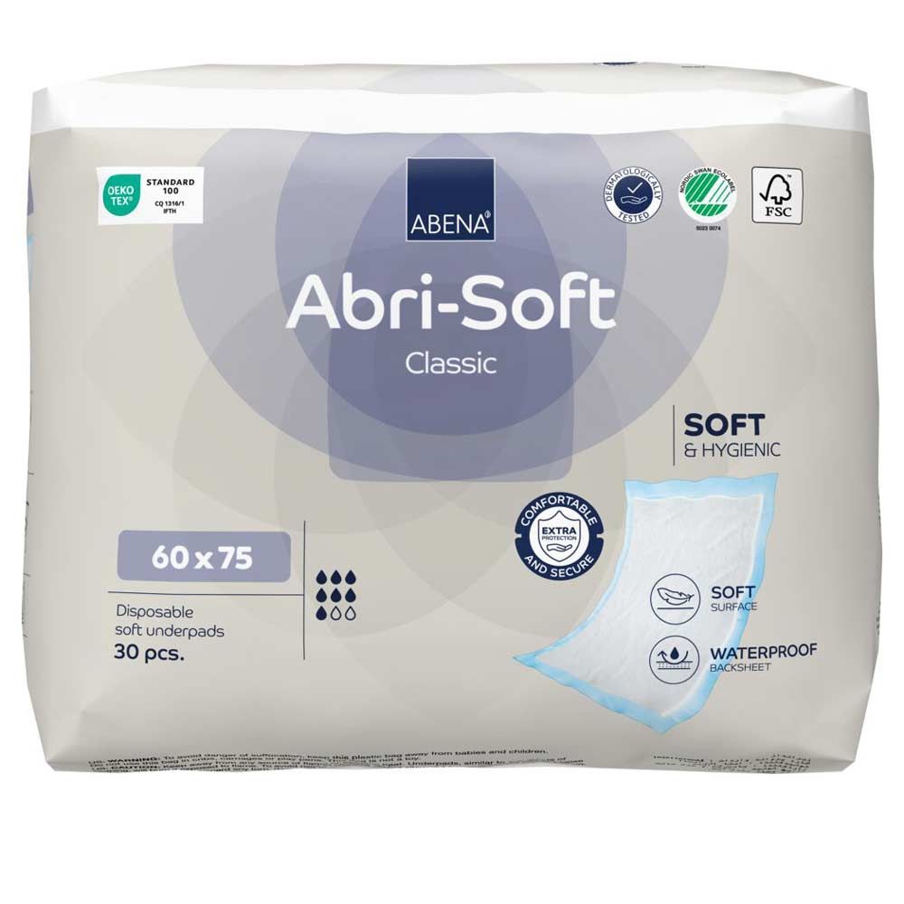 Abena Abri-Soft Classic. Verpackung mit 30 Einlagen. Größe 60x75 cm. Weiche, hygienische Oberfläche. Wasserdichte Rückseite. Zertifizierungen.
