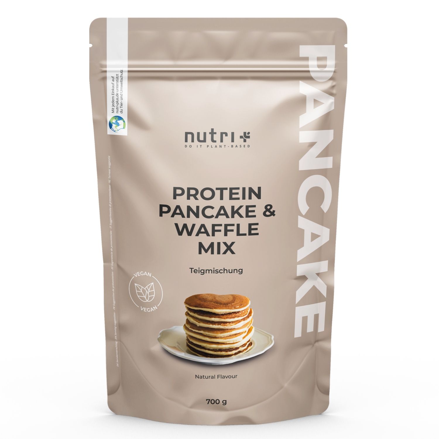 Beige Verpackung mit Produktnamen und Abbildung von Pfannkuchen. Text: Protein Pancake & Waffle Mix, 700 g, vegan.