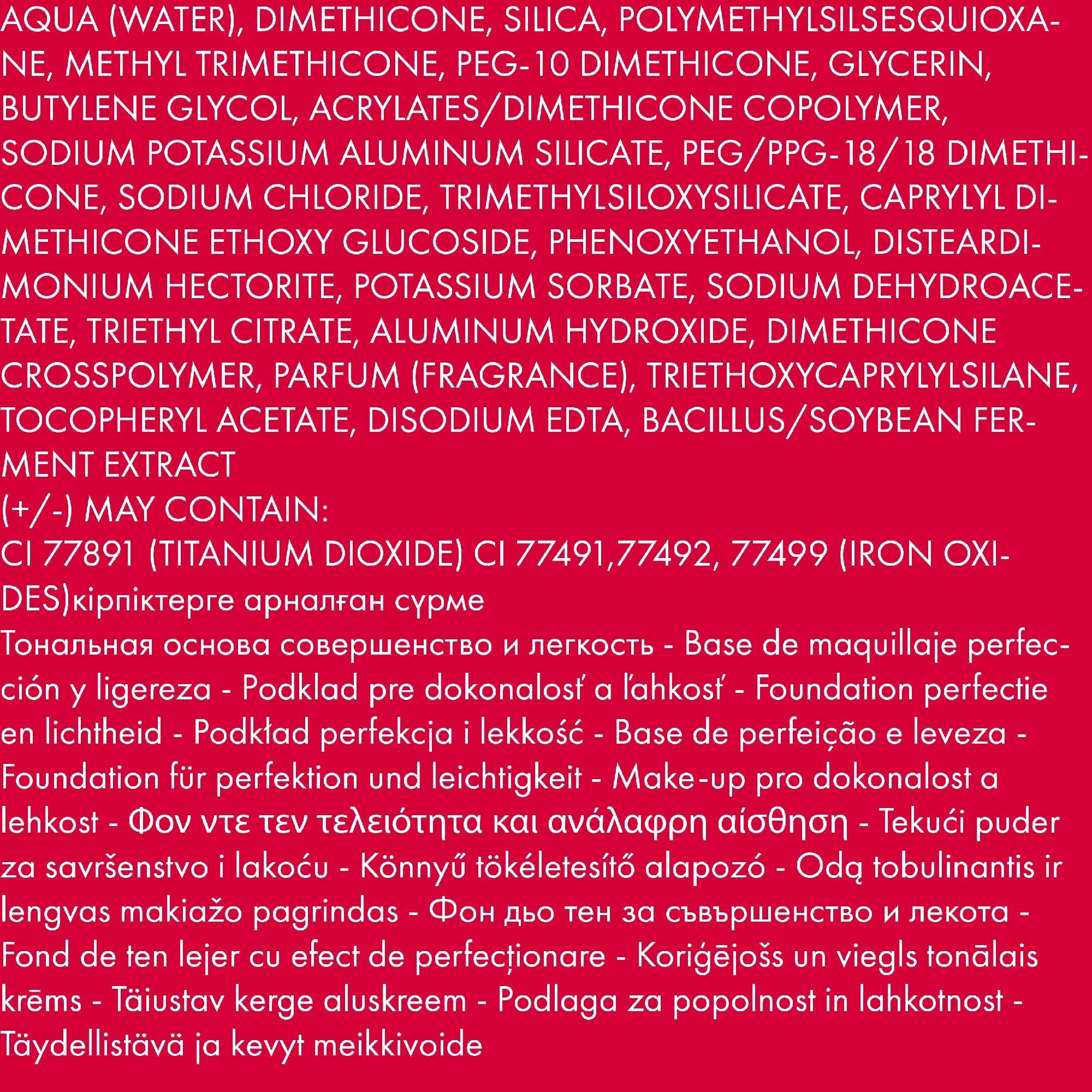 Text mit Inhaltsstoffen und Übersetzungen für Foundation. Enthält chemische Namen und Inhaltsstoffe.
