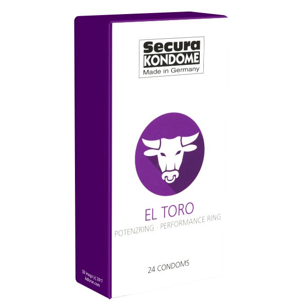 Verpackung mit Kondomen. Marke Secura, Modell El Toro mit Potenzring. 24 Kondome. Hergestellt in Deutschland.