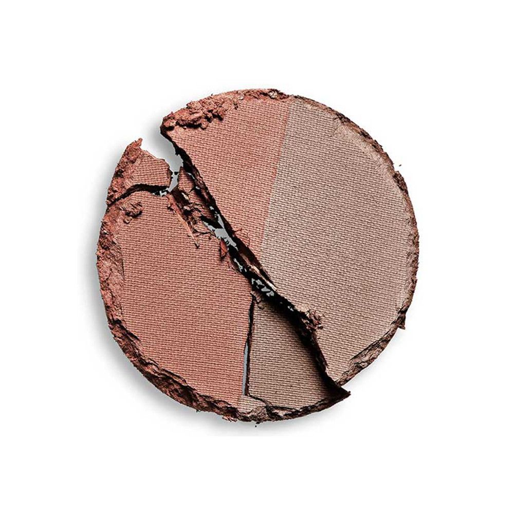 Runder Augenbrauenpuder, in drei Segmente geteilt. Verschiedene Brauntöne. Gebrochen.