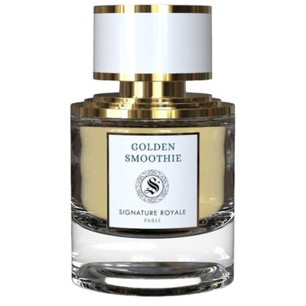 Parfümflakon mit goldfarbenem Verschluss und Etikett. Klarer Glasflakon.