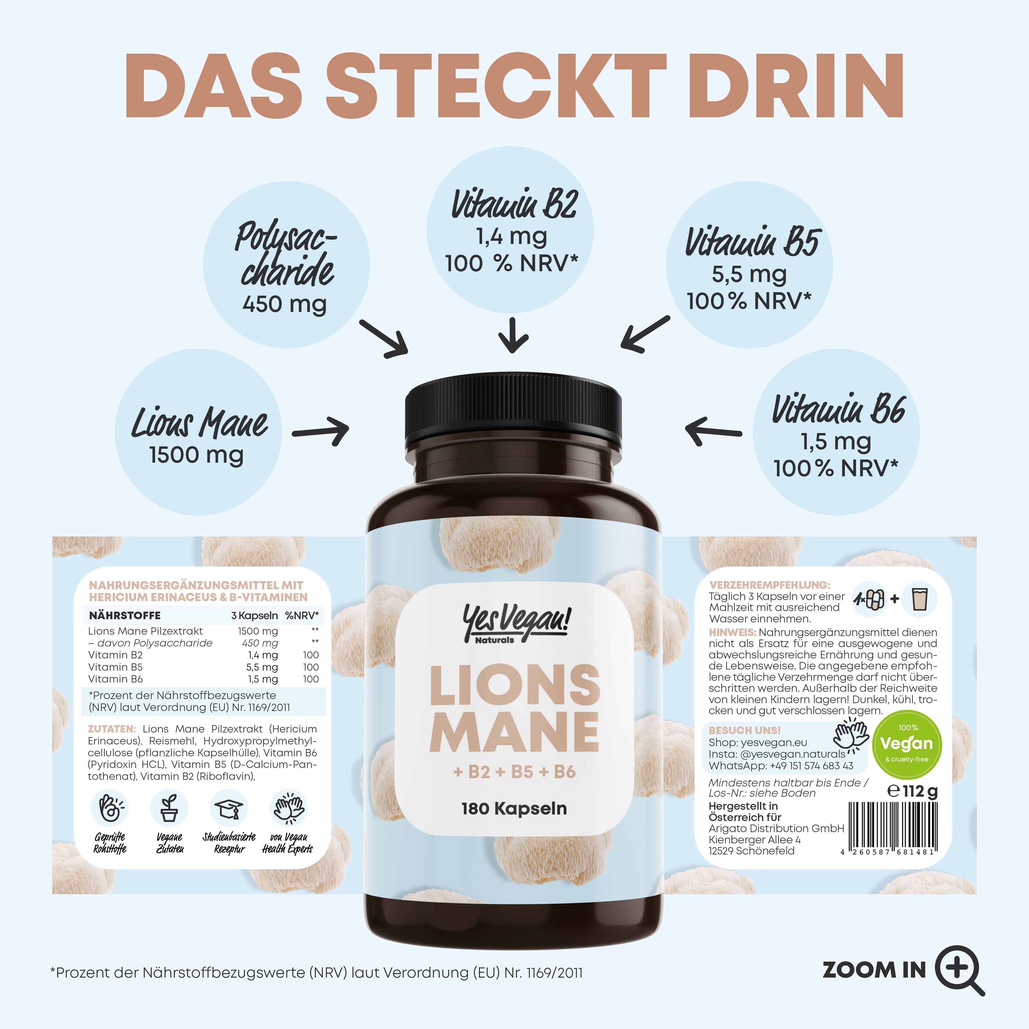 Flasche mit 'Lions Mane' Kapseln, 180 Stück. Enthält Polysaccharide, L-Theanin, Vitamine B2, B5, B6.