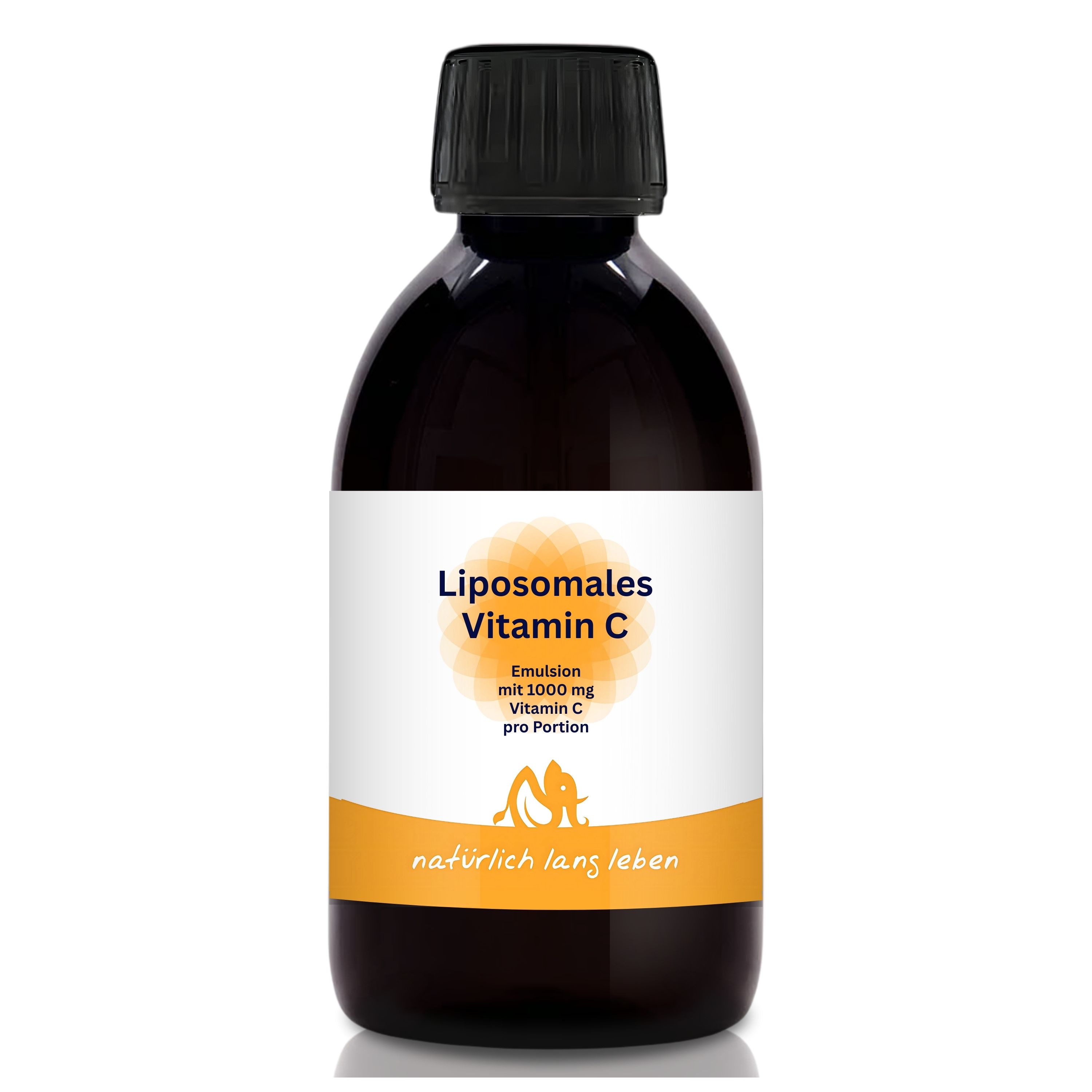 Braune Flasche Liposomales Vitamin C mit schwarzem Deckel und Etikett. Marke: natürlich lang leben.