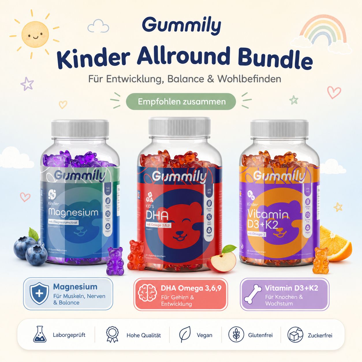 Gummily Kinder Allround Bundle: Magnesium, DHA, Vitamin D3+K2 Gummibärchen.
