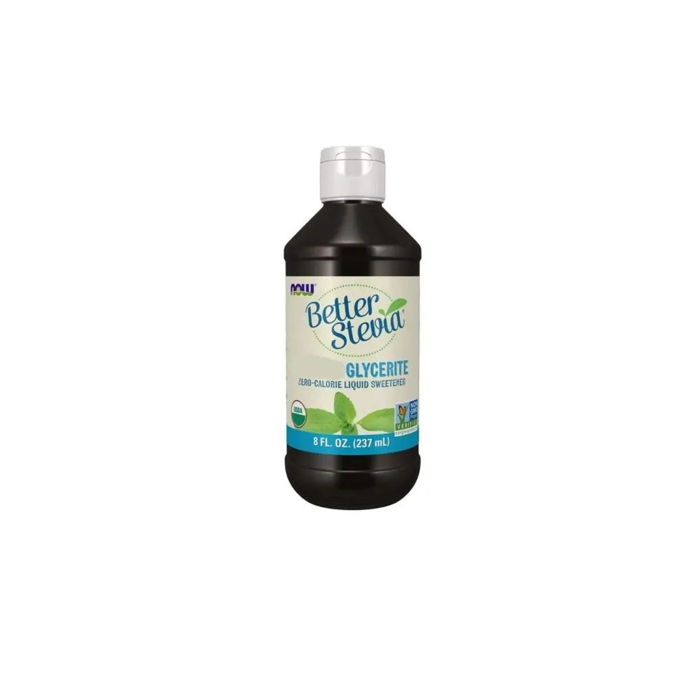 Braune Flasche mit weißem Deckel. Aufschrift: Better Stevia Glycerite. 8 fl. oz. (237 ml).