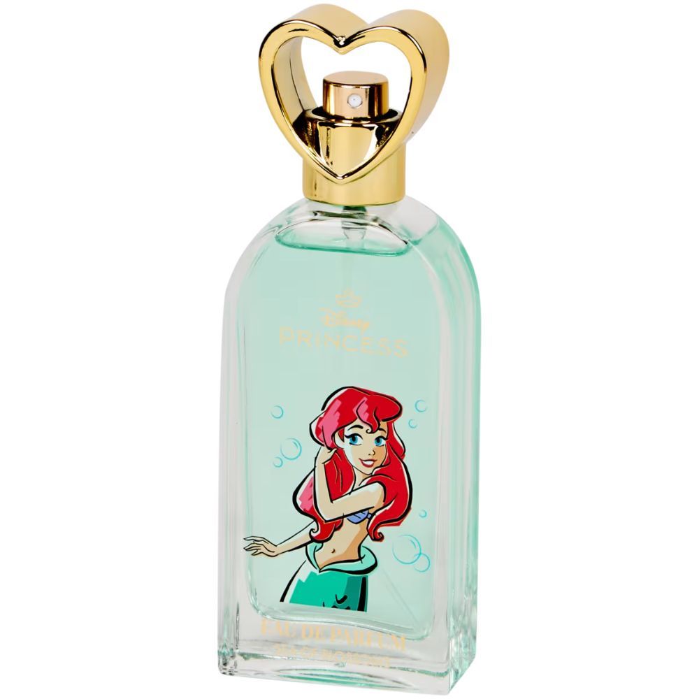 Disney Princess Ariel Sea of Blossoms Eau de Parfum Flakon mit Ariel-Illustration und Herzverschluss.