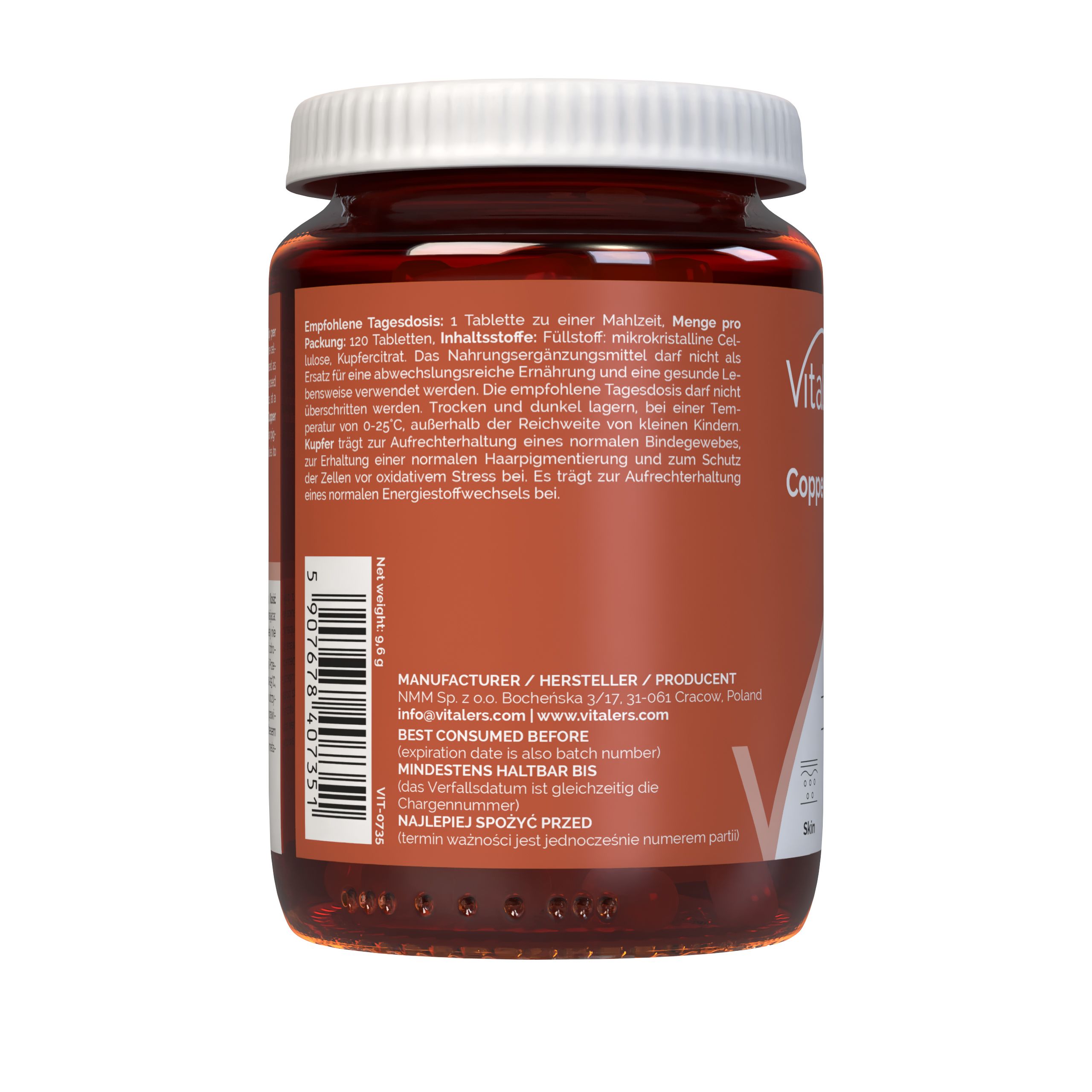 Rückseite einer Vitaler's Kupfer 2 mg Nahrungsergänzungsmittel-Flasche mit Hersteller- und Chargennummer.