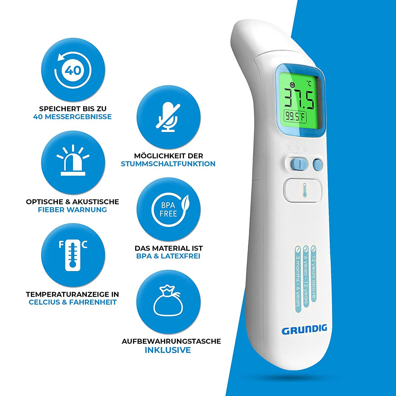 Weißes Infrarot-Thermometer mit digitaler Anzeige. Funktionen: Speicher, Stummschaltung, Fieberwarnung, BPA-frei, Tasche.
