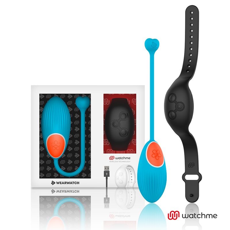 Wearwatch-Produkt: blaues Vibro-Ei, schwarze Fernbedienung, Verpackung, USB-Kabel. Logo watchme.