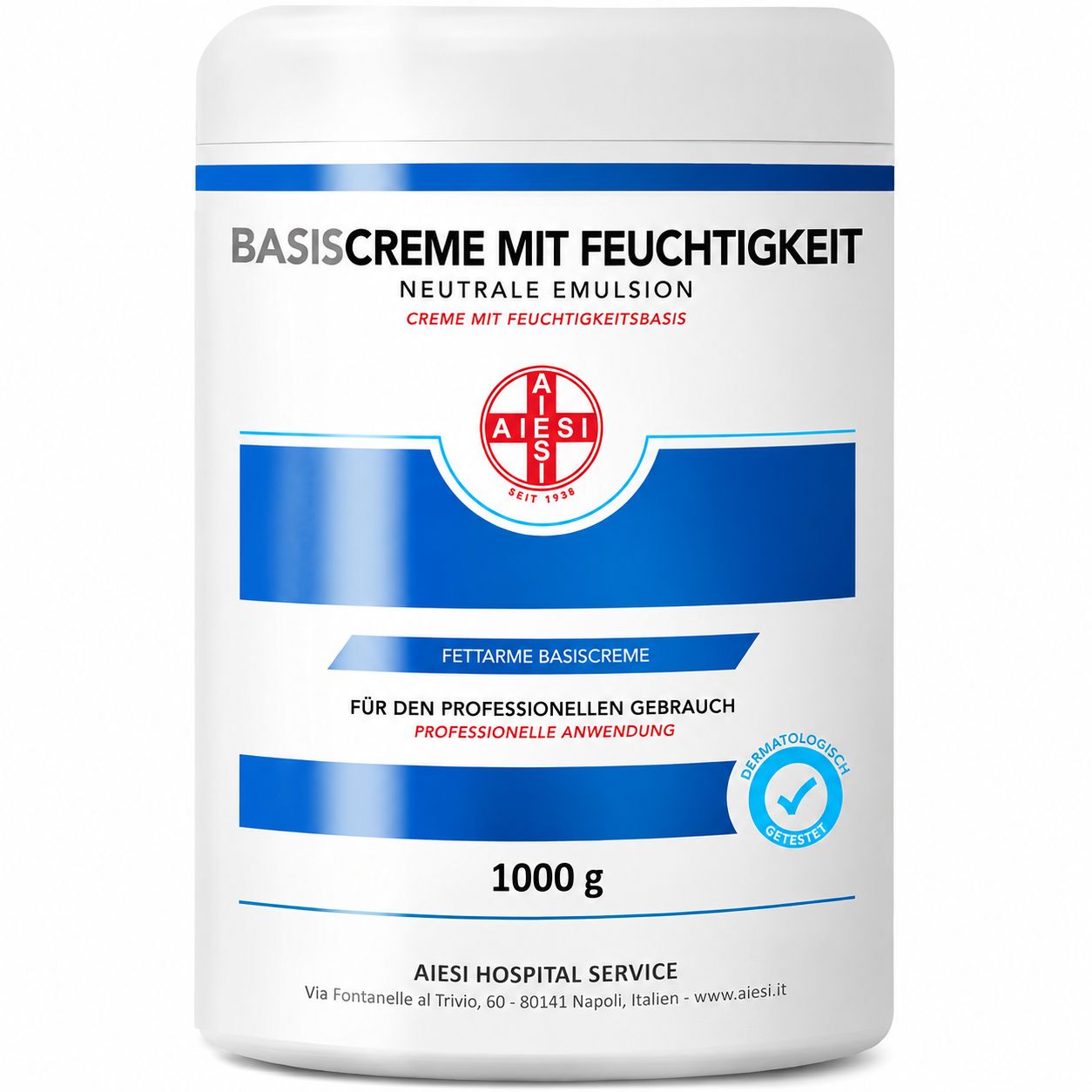 Großer Behälter Aiesi Basiscreme mit Feuchtigkeit, 1000 g, für professionellen Gebrauch.