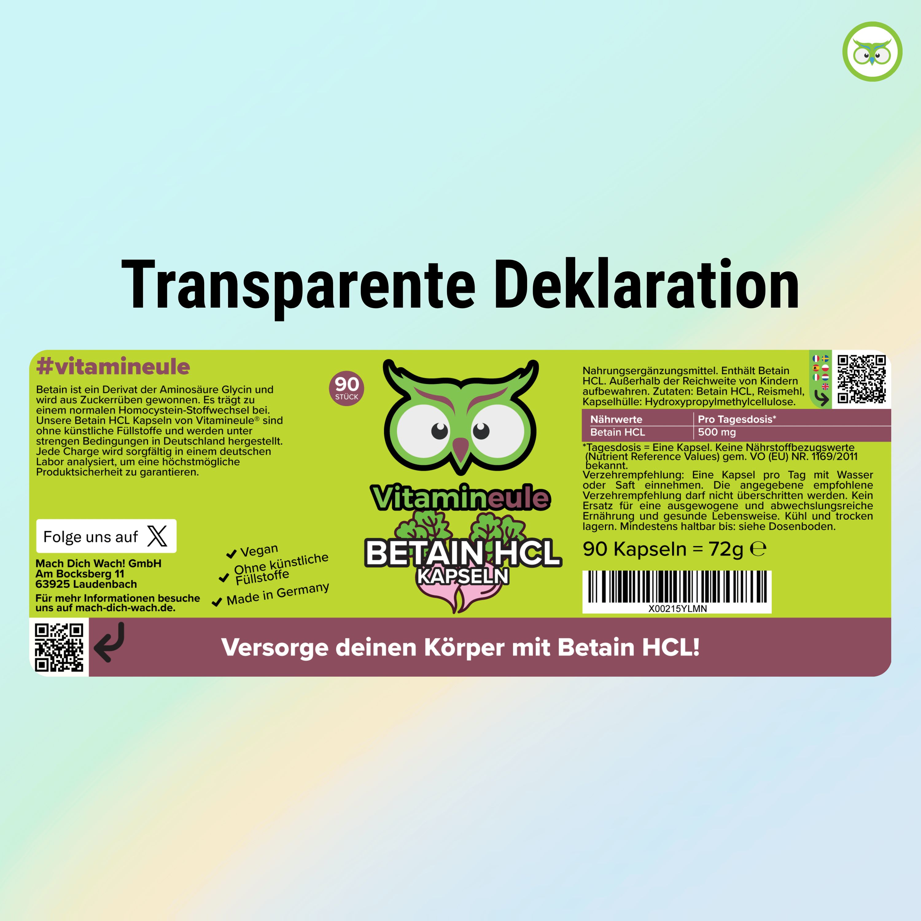 Etikett mit Text: #vitamineule, Betain HCL Kapseln, 90 Kapseln, 72g. Informationen zu Inhaltsstoffen und Dosierung.
