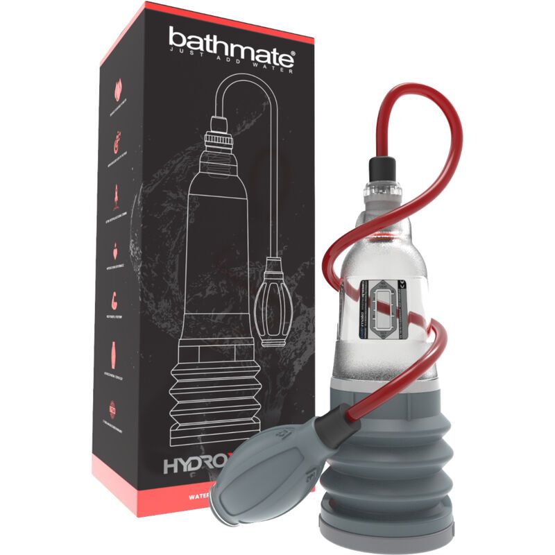 Produkt mit Verpackung. Schwarze Box mit Produktabbildung. Pumpe mit rotem Schlauch, grauem Balg.